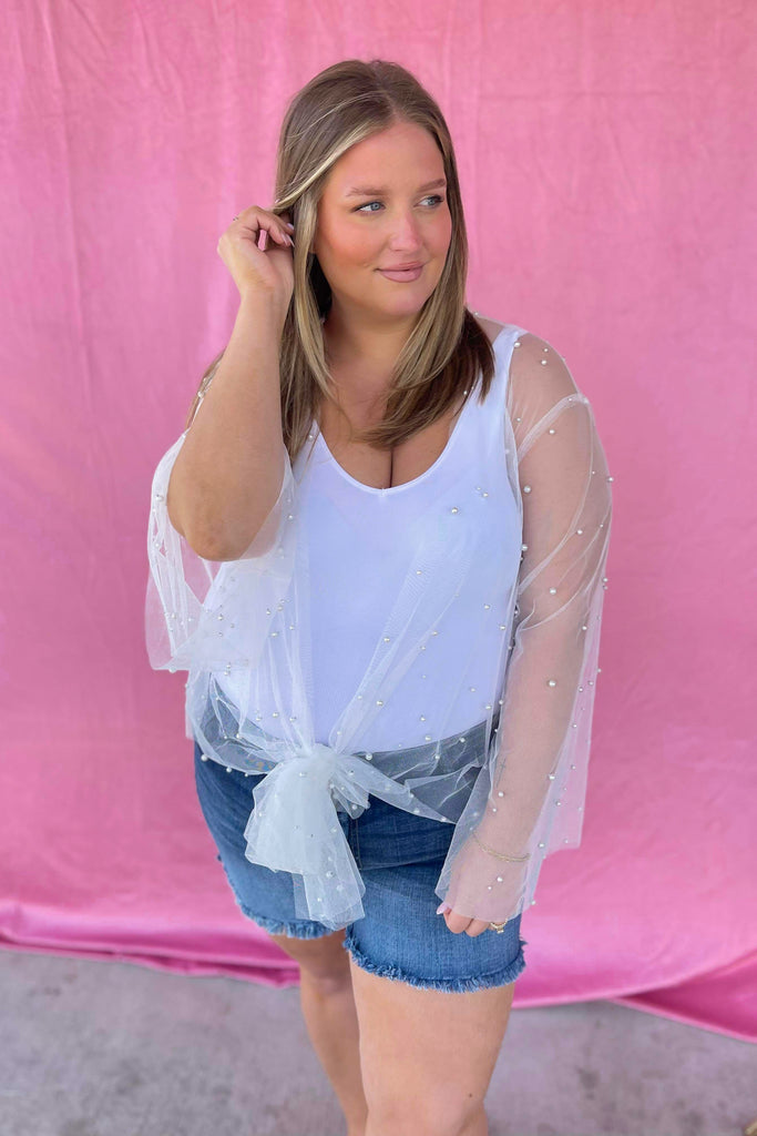 Sunni Sheer Mesh Kimono Top with Front Tie and Pearl Detailing - Be You Boutique