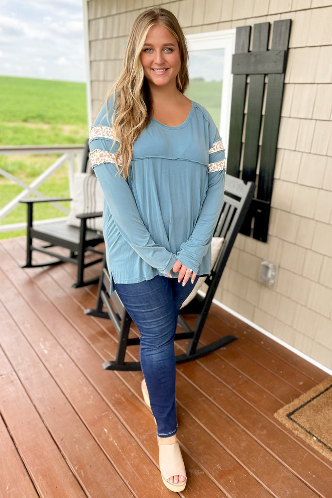 Wanda Long Sleeve Top with Animal Print Accents - Be You Boutique
