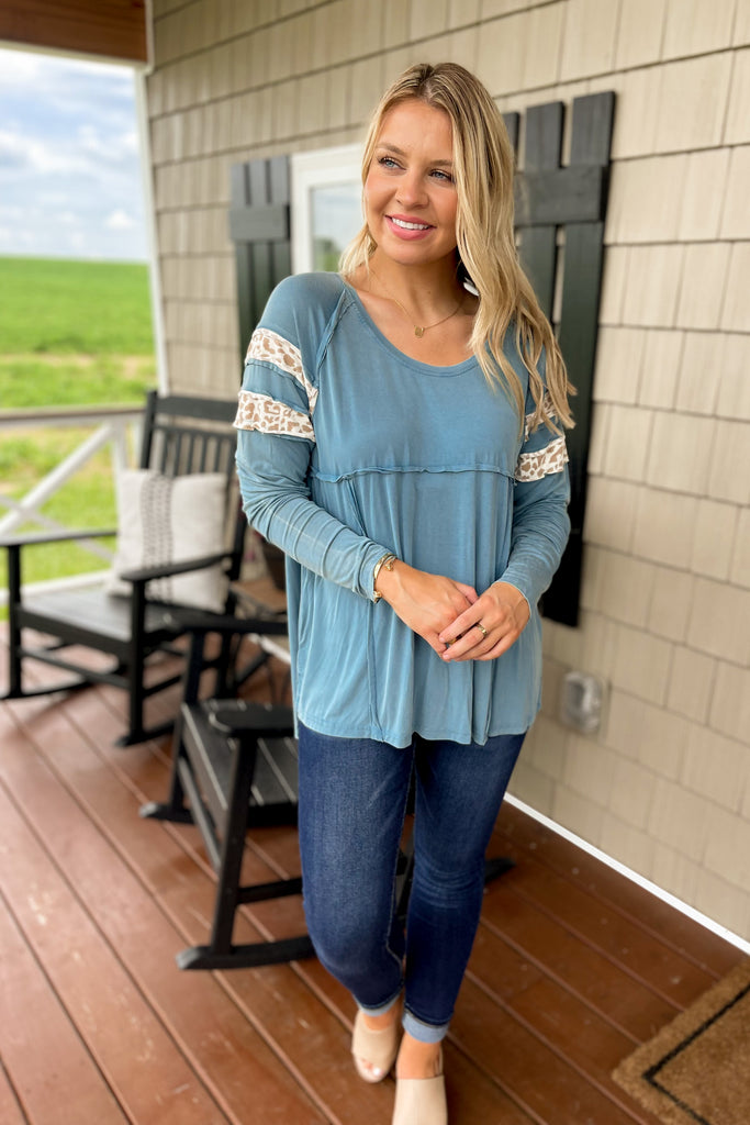Wanda Long Sleeve Top with Animal Print Accents - Be You Boutique