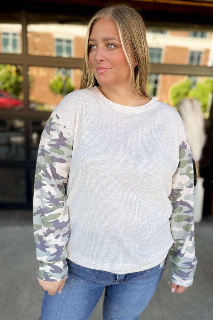 Ceceila Camo Sleeve Waffle Top - Be You Boutique