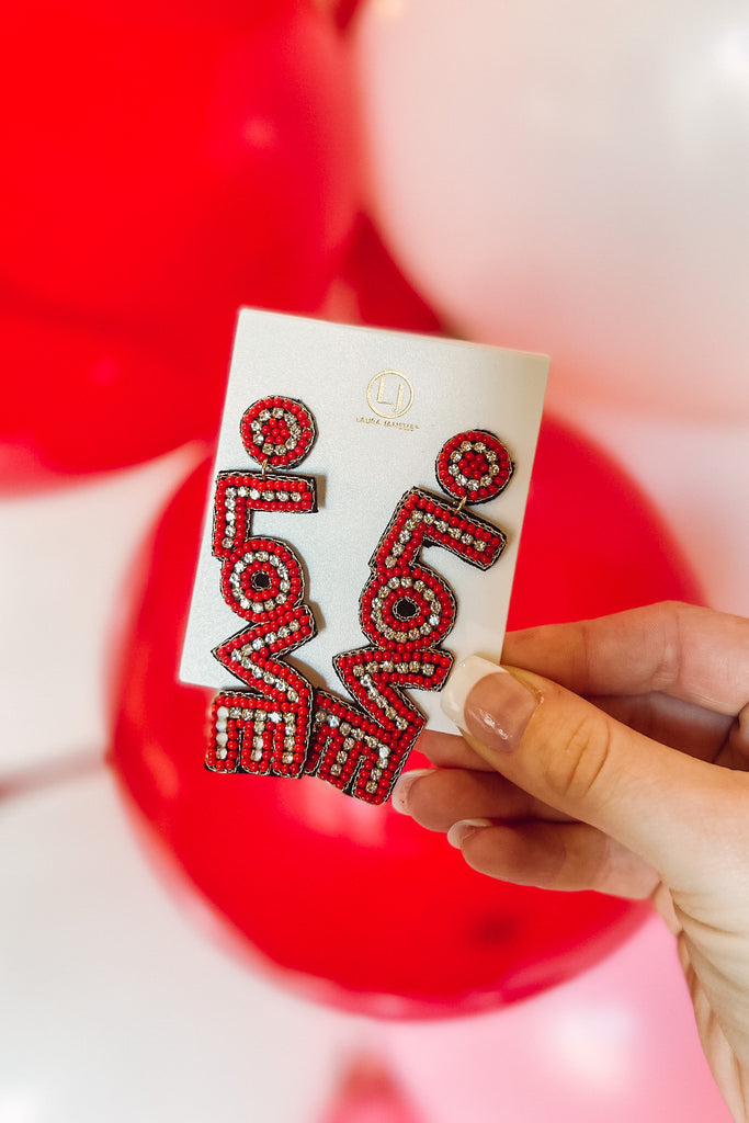 Valentine LOVE Red Beaded and Rhinestone Earrings - Be You Boutique