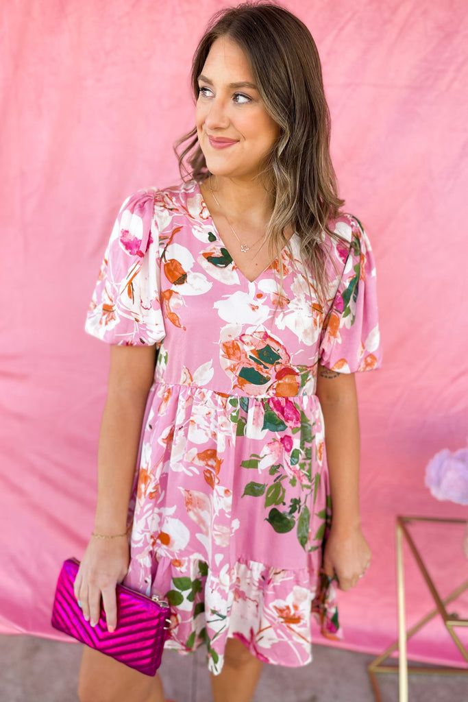 Colter Satin Floral Print V Neck Puff Sleeve Dress - Be You Boutique