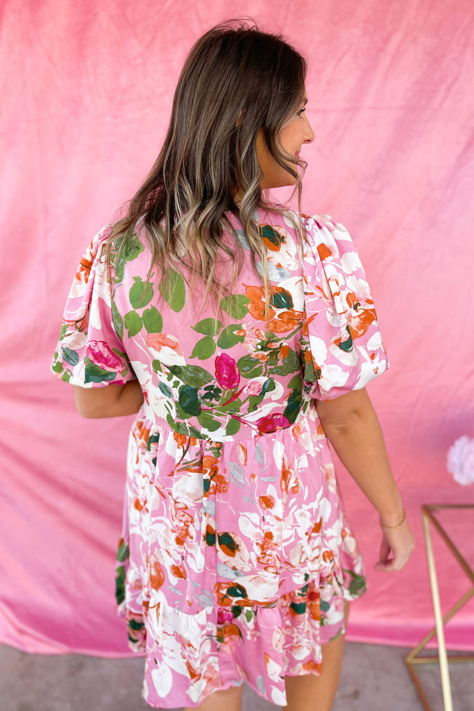Colter Satin Floral Print V Neck Puff Sleeve Dress - Be You Boutique