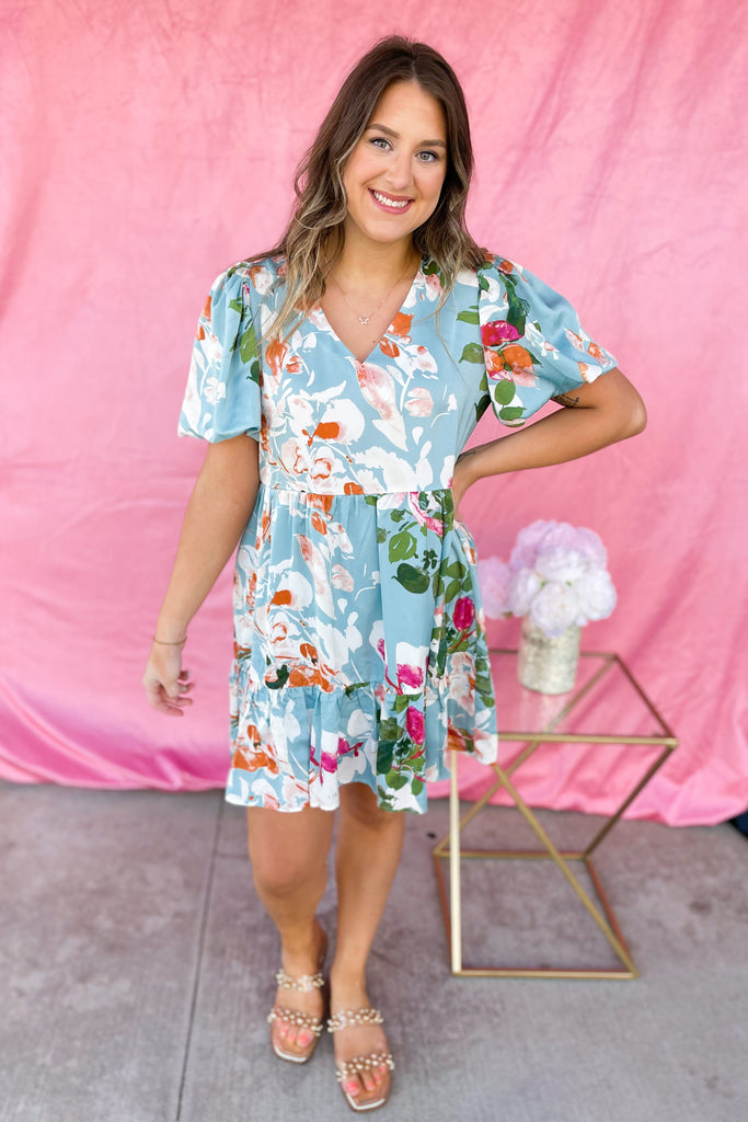 Colter Satin Floral Print V Neck Puff Sleeve Dress - Be You Boutique