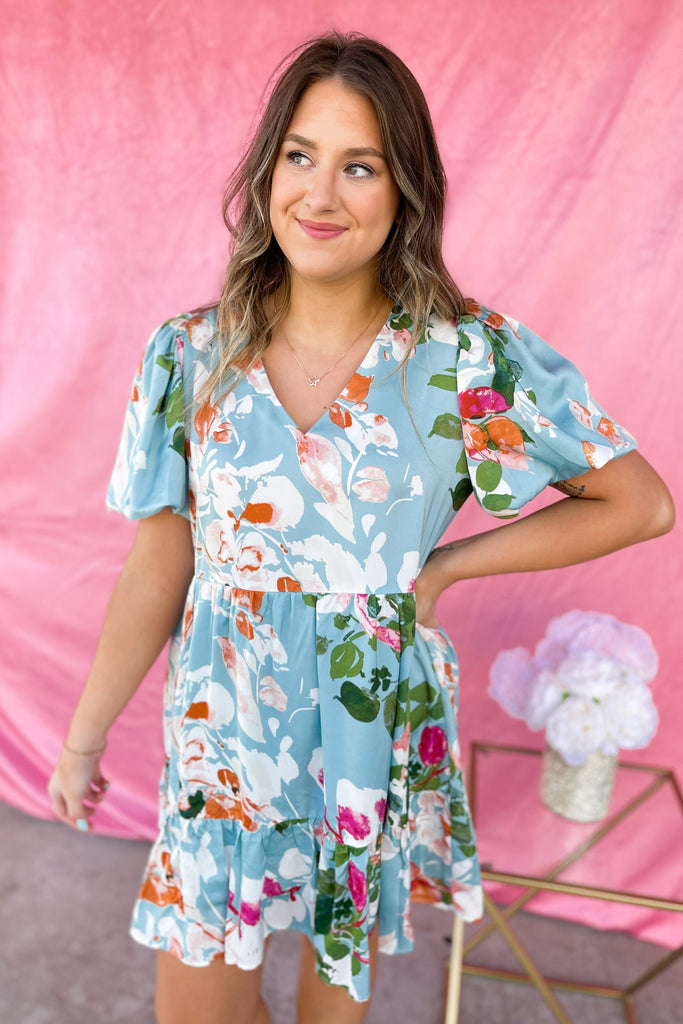 Colter Satin Floral Print V Neck Puff Sleeve Dress - Be You Boutique
