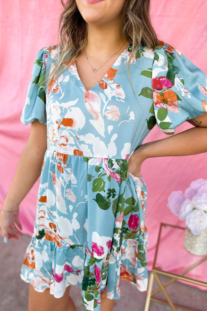 Colter Satin Floral Print V Neck Puff Sleeve Dress - Be You Boutique