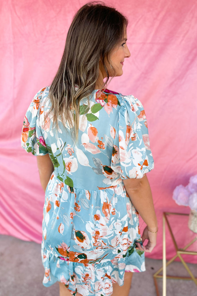 Colter Satin Floral Print V Neck Puff Sleeve Dress - Be You Boutique