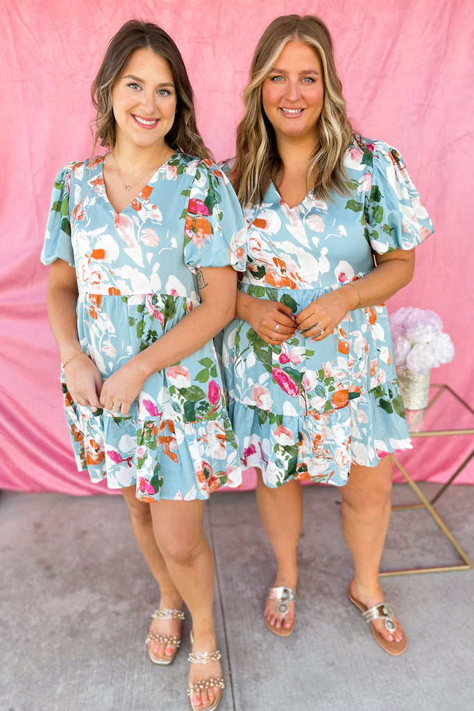 Colter Satin Floral Print V Neck Puff Sleeve Dress - Be You Boutique