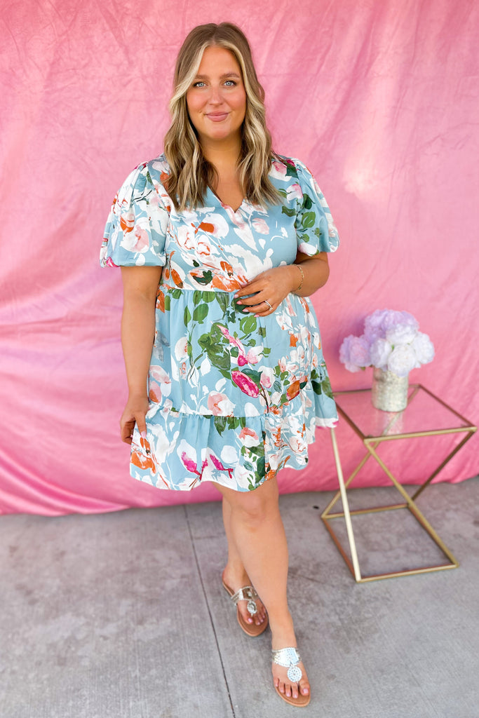 Colter Satin Floral Print V Neck Puff Sleeve Dress - Be You Boutique