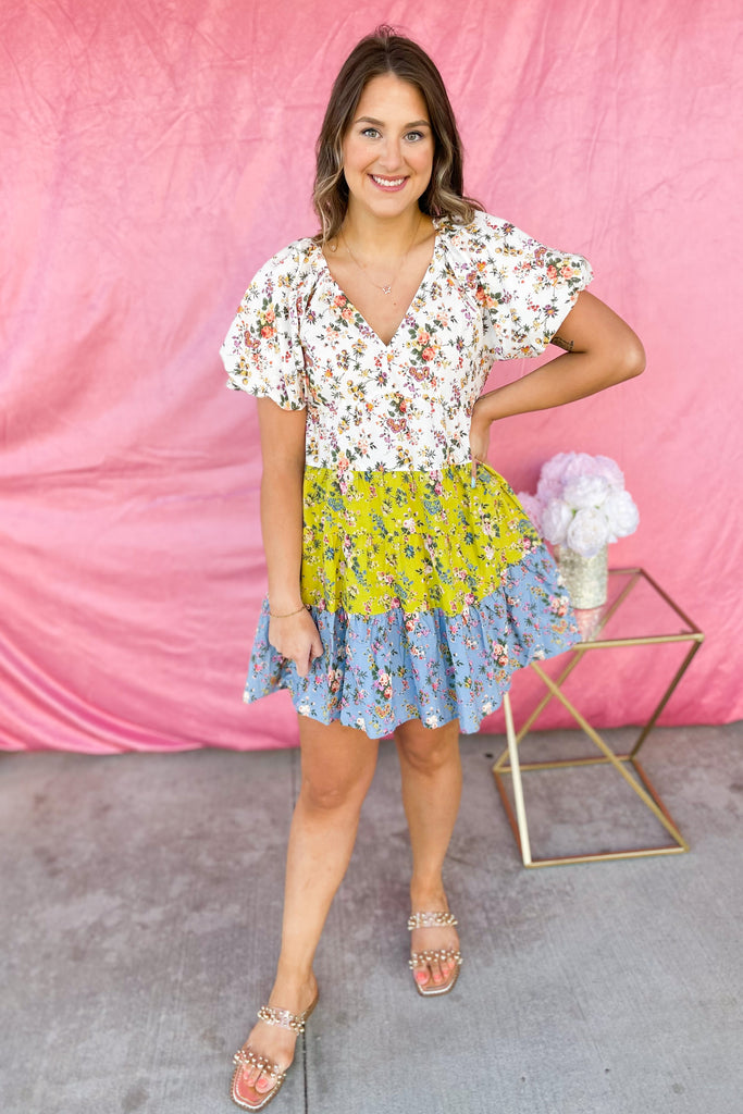 Ozzy Colorblock Floral Print V Neck Dress - Be You Boutique