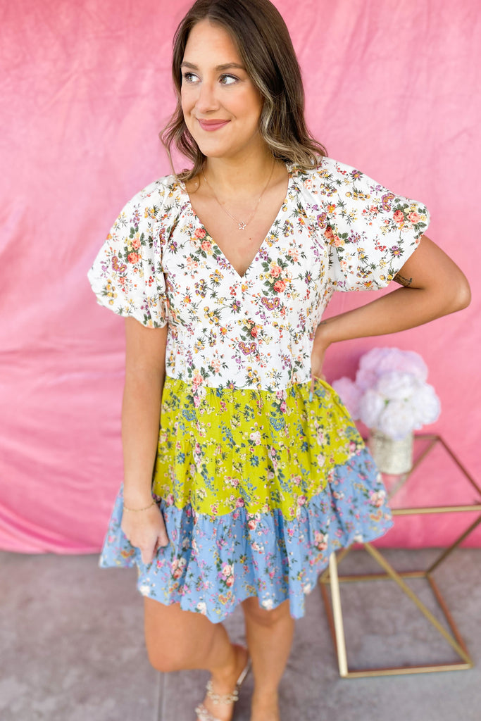 Ozzy Colorblock Floral Print V Neck Dress - Be You Boutique
