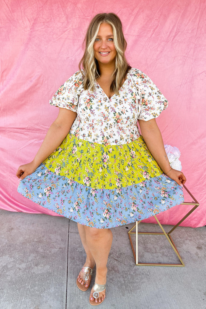 Ozzy Colorblock Floral Print V Neck Dress - Be You Boutique