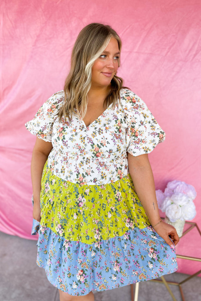 Ozzy Colorblock Floral Print V Neck Dress - Be You Boutique