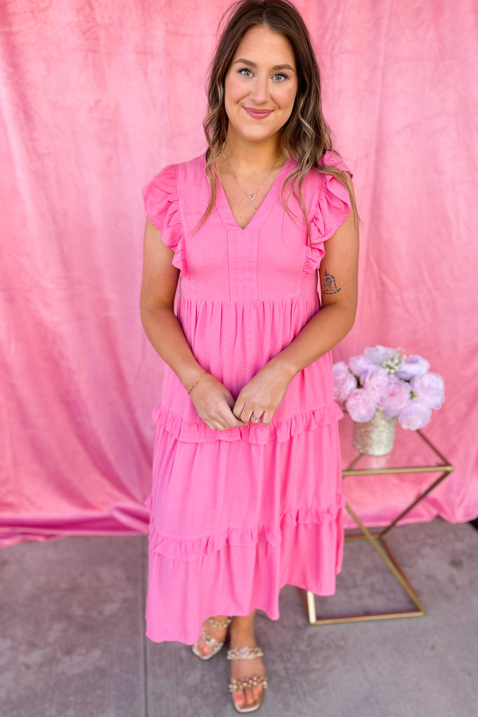 Lisa V Neck Ruffle Sleeve Tiered Midi Dress - Be You Boutique