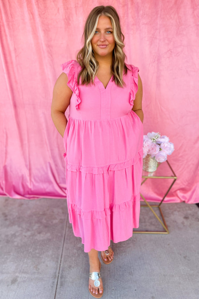 Lisa V Neck Ruffle Sleeve Tiered Midi Dress - Be You Boutique