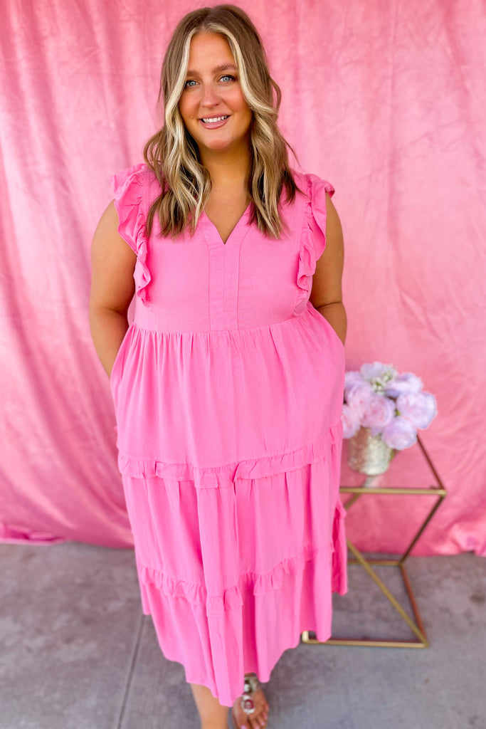 Lisa V Neck Ruffle Sleeve Tiered Midi Dress - Be You Boutique