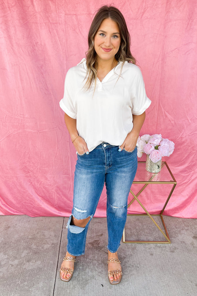Marti Collared V Neck Short Sleeve Blouse Top - Be You Boutique