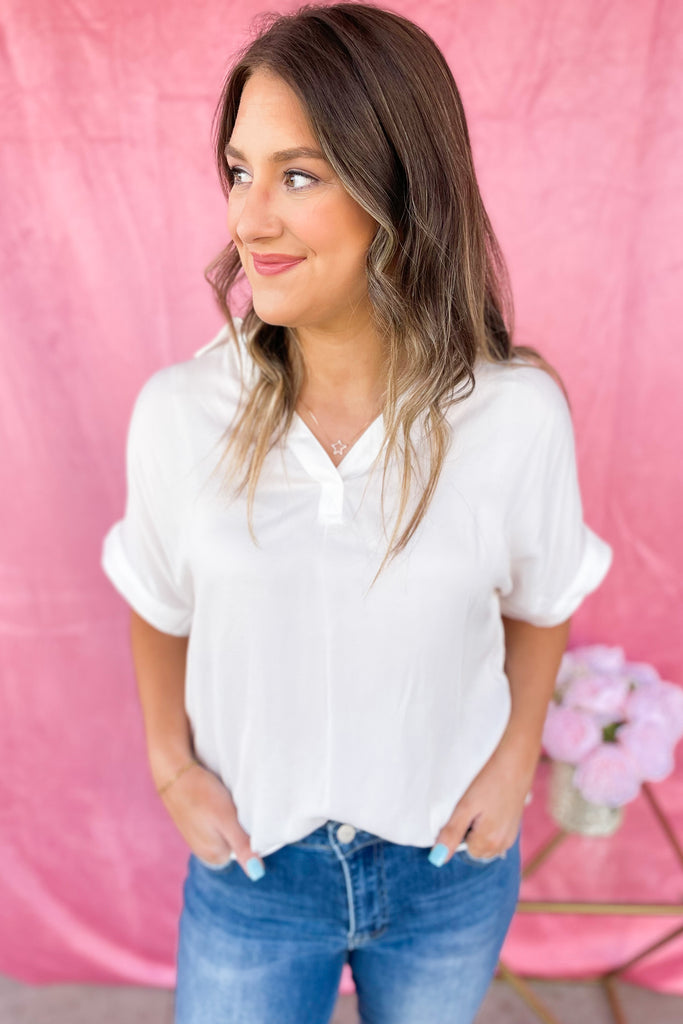 Marti Collared V Neck Short Sleeve Blouse Top - Be You Boutique