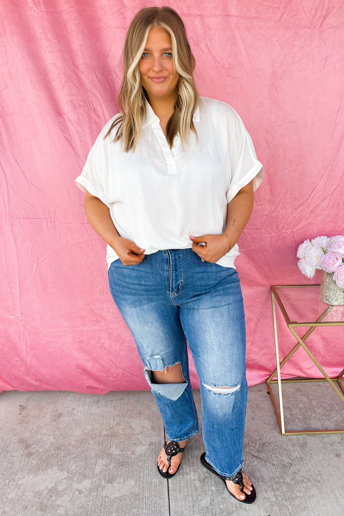 Marti Collared V Neck Short Sleeve Blouse Top - Be You Boutique
