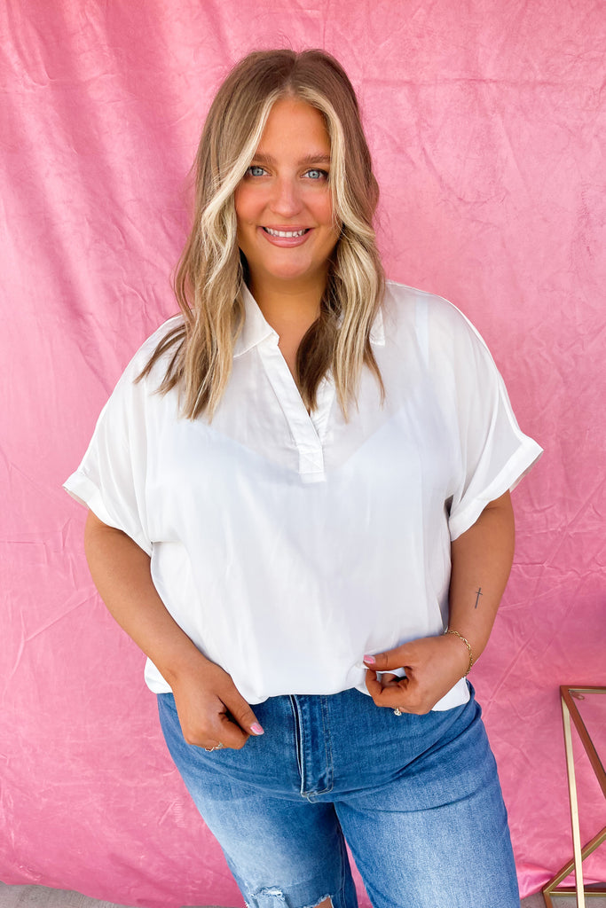 Marti Collared V Neck Short Sleeve Blouse Top - Be You Boutique