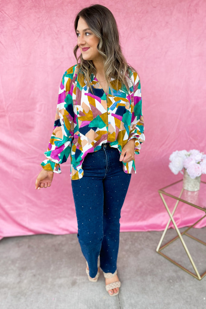 Ollie Print V Neck Button Closure Long Sleeve Top - Be You Boutique