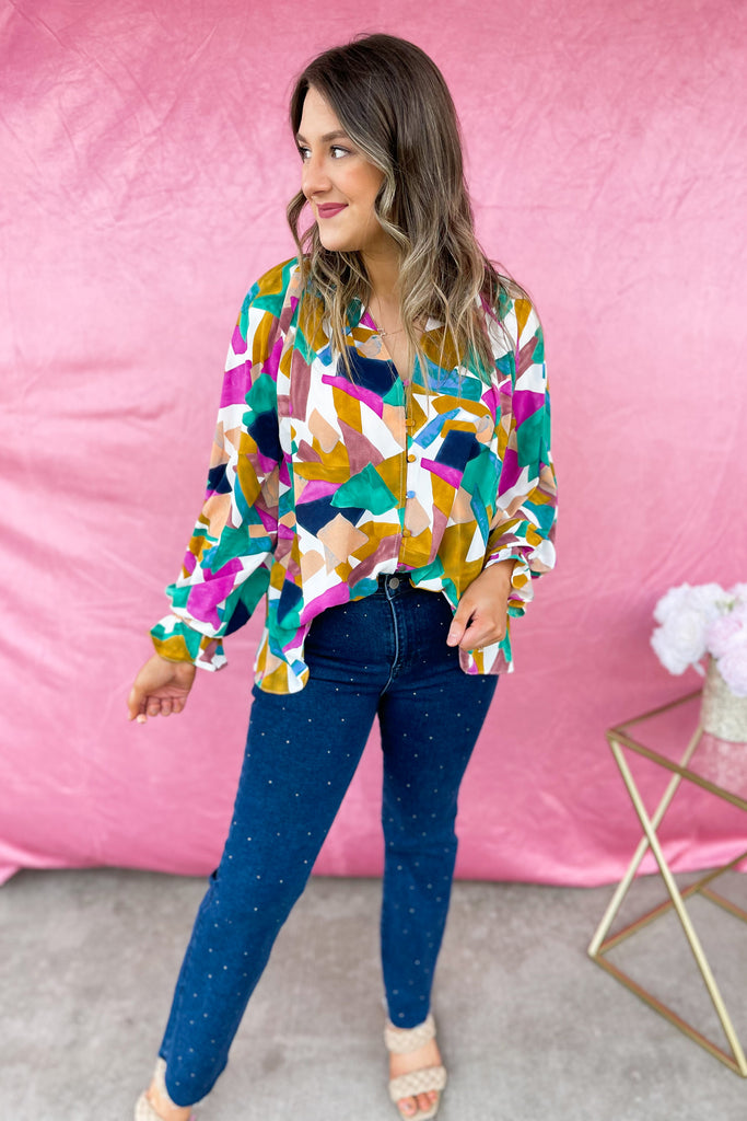 Ollie Print V Neck Button Closure Long Sleeve Top - Be You Boutique