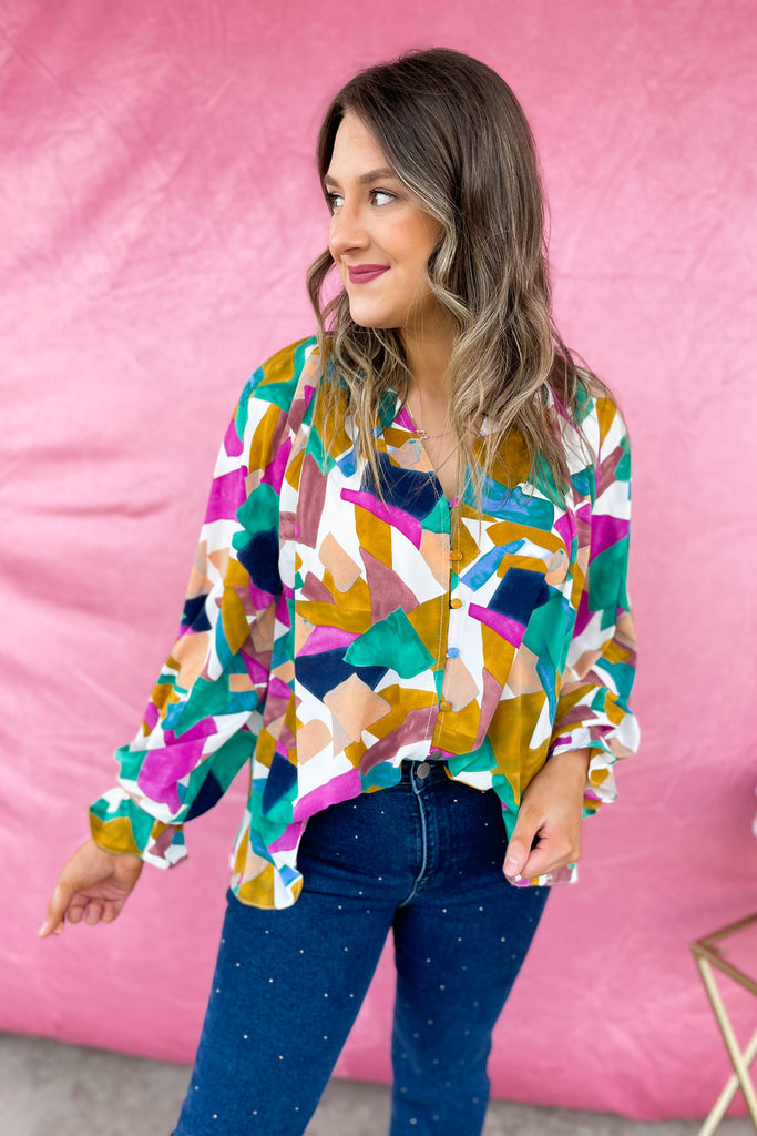 Ollie Print V Neck Button Closure Long Sleeve Top - Be You Boutique
