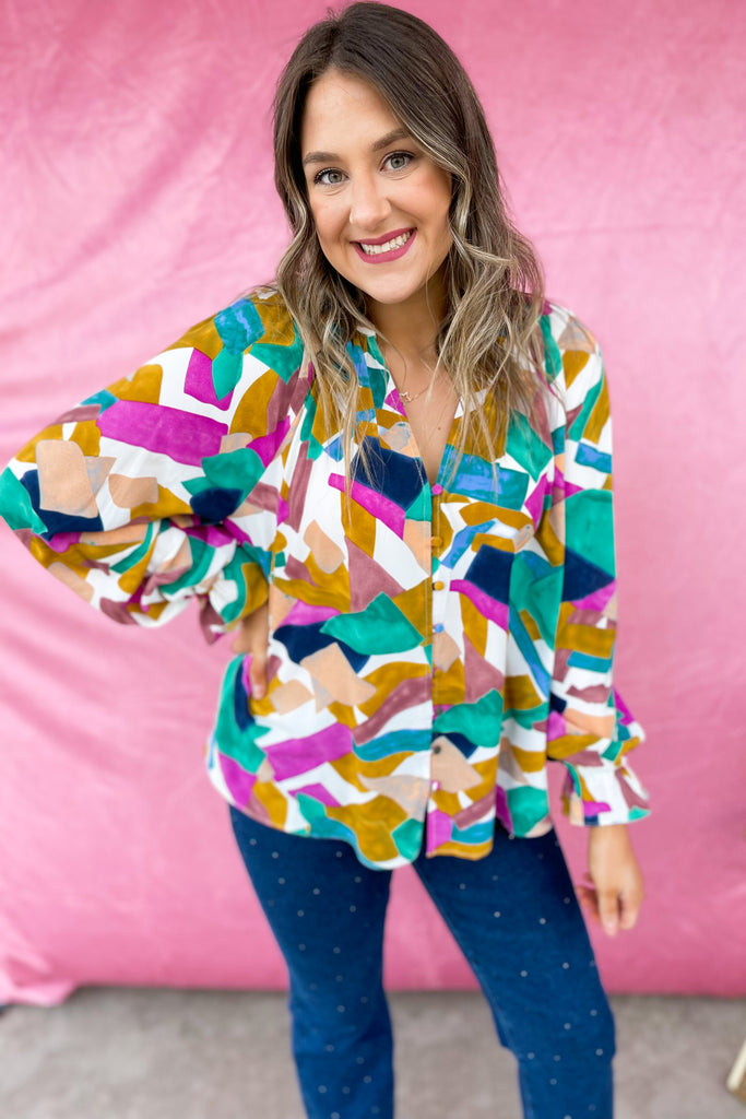Ollie Print V Neck Button Closure Long Sleeve Top - Be You Boutique