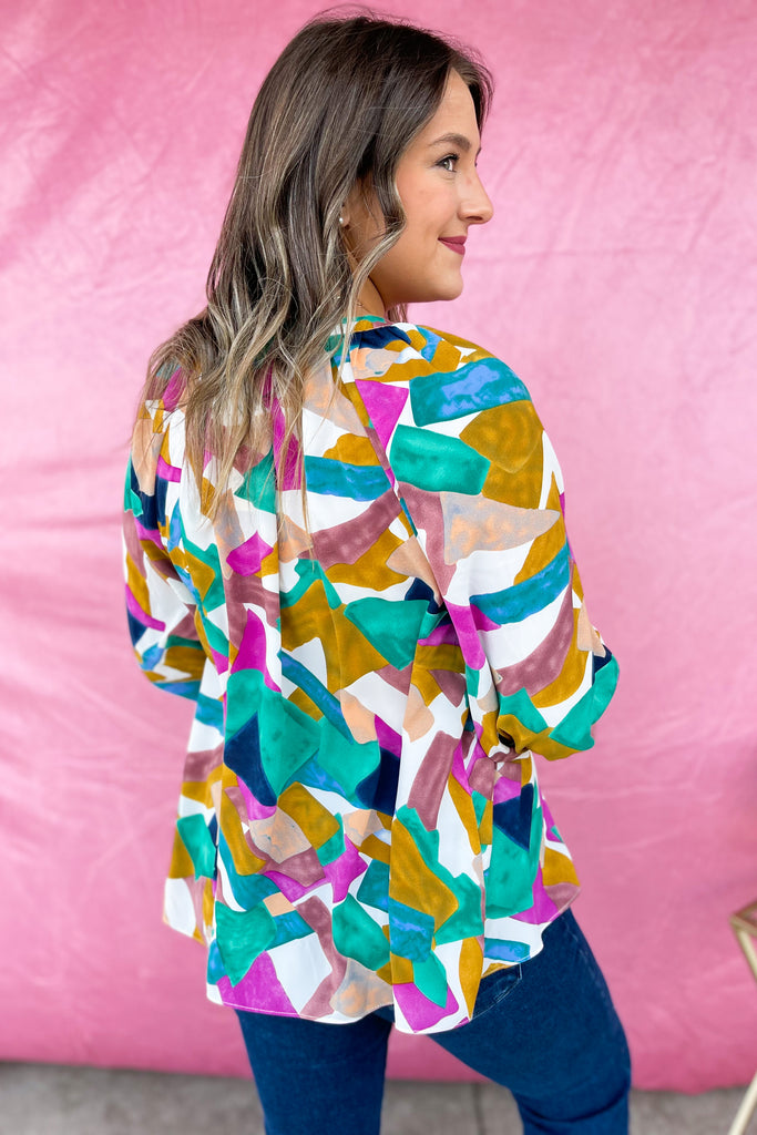 Ollie Print V Neck Button Closure Long Sleeve Top - Be You Boutique