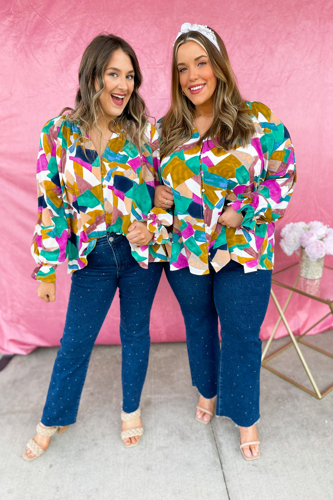Ollie Print V Neck Button Closure Long Sleeve Top - Be You Boutique