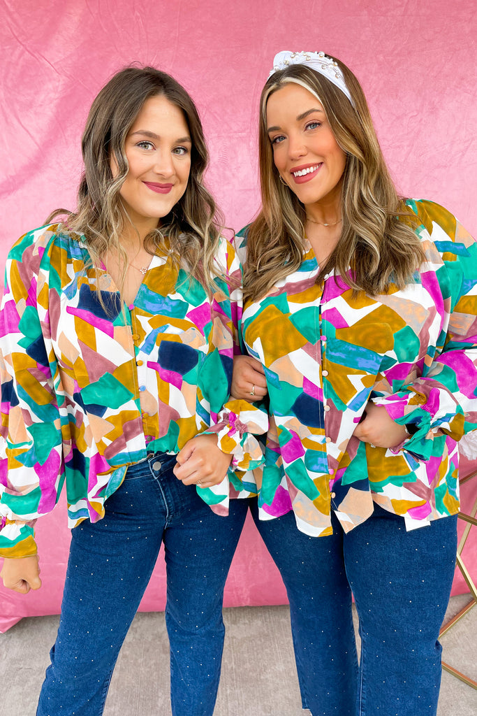 Ollie Print V Neck Button Closure Long Sleeve Top - Be You Boutique
