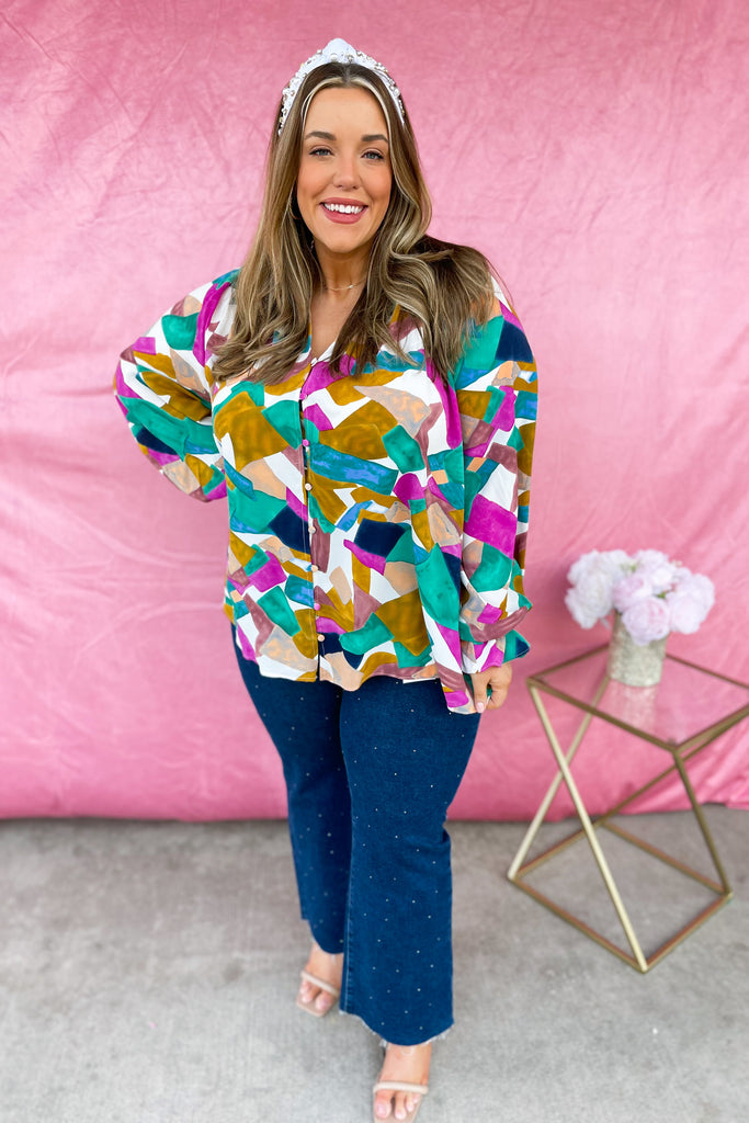 Ollie Print V Neck Button Closure Long Sleeve Top - Be You Boutique