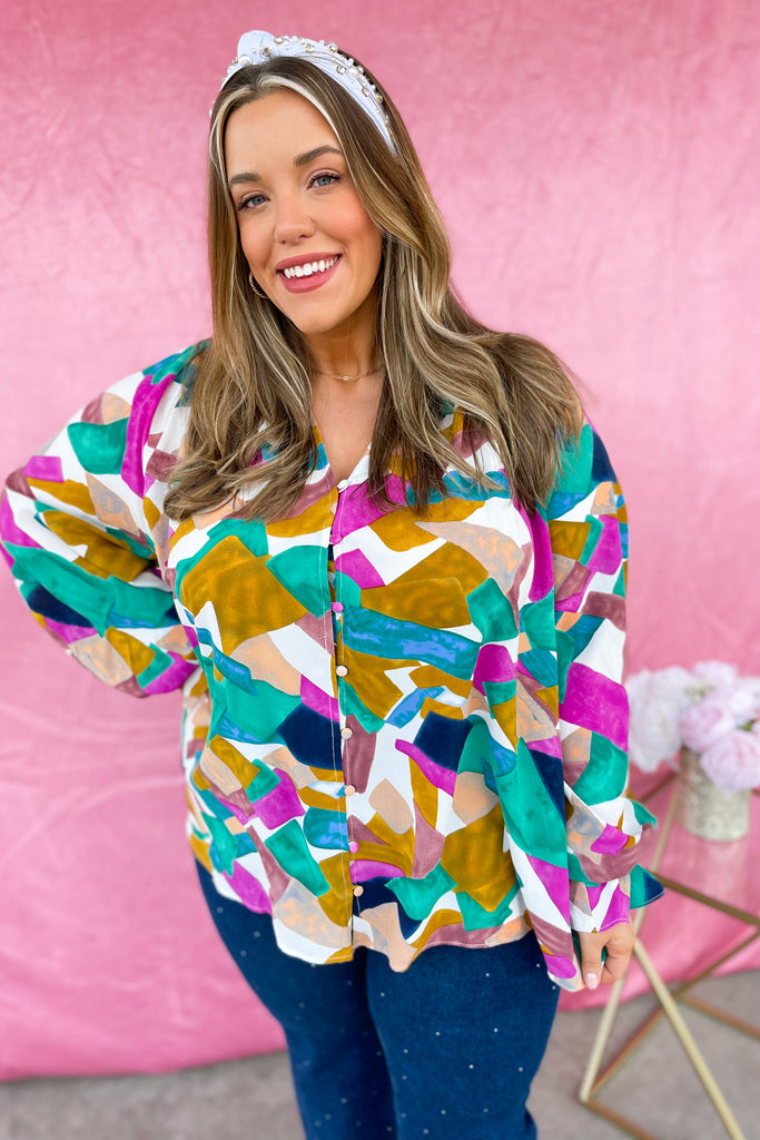 Ollie Print V Neck Button Closure Long Sleeve Top - Be You Boutique