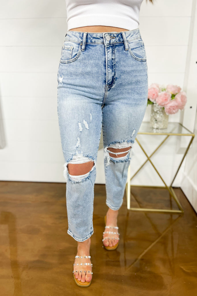 Risen Carly High Rise Distressed Mom Jeans - Be You Boutique
