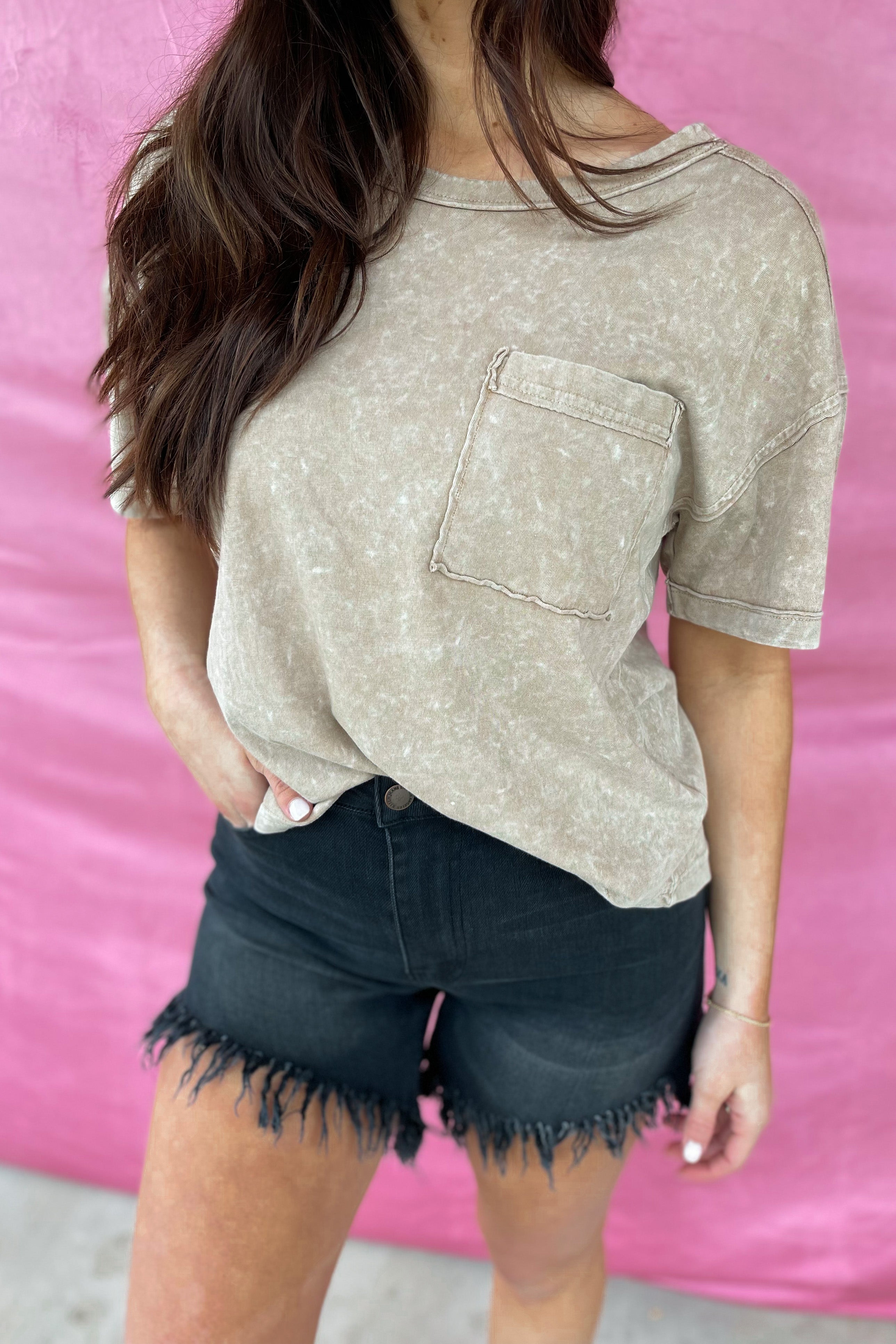 Clara Short Sleeve Washed Knit Pocket Tee - Be You Boutique