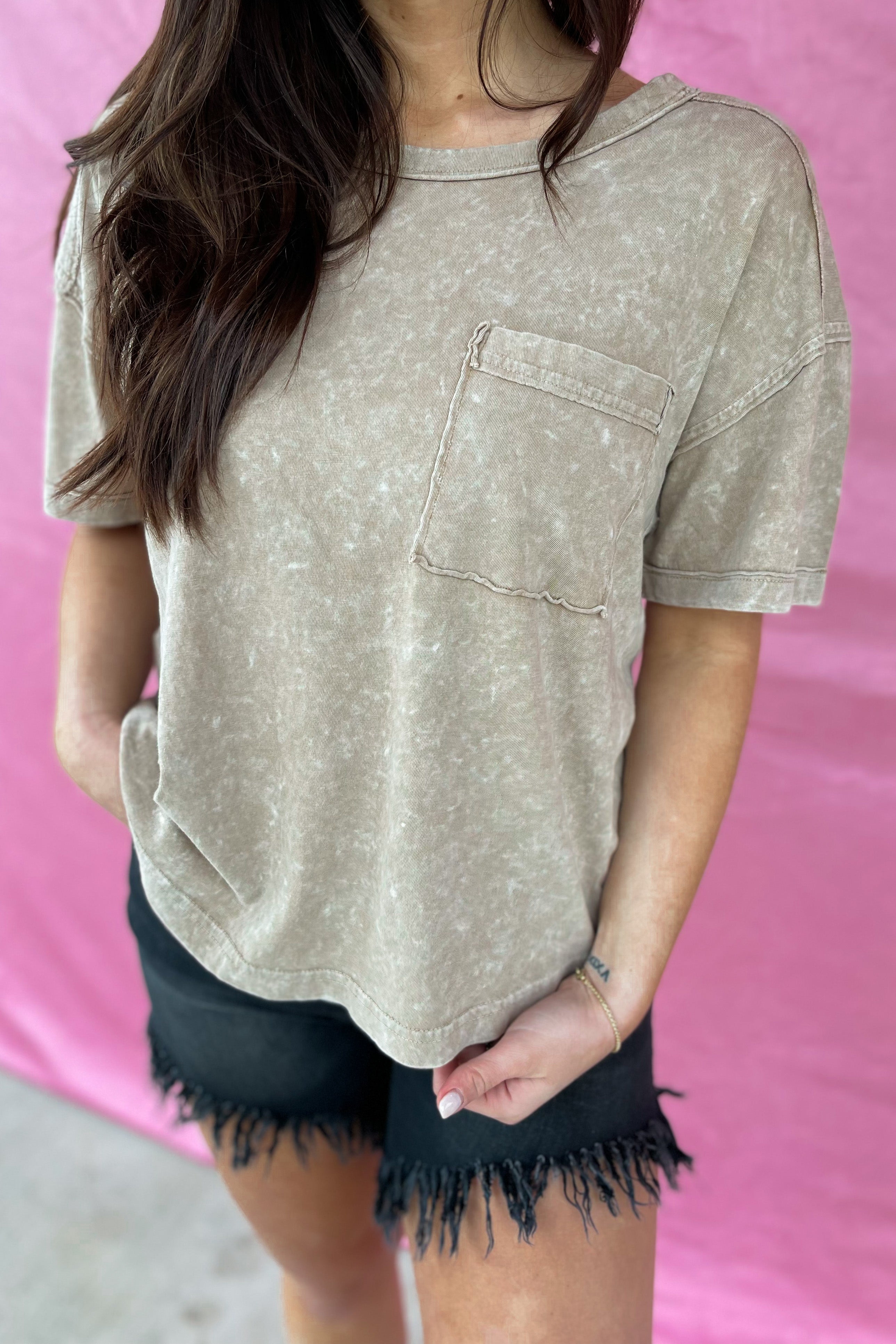 Clara Short Sleeve Washed Knit Pocket Tee - Be You Boutique