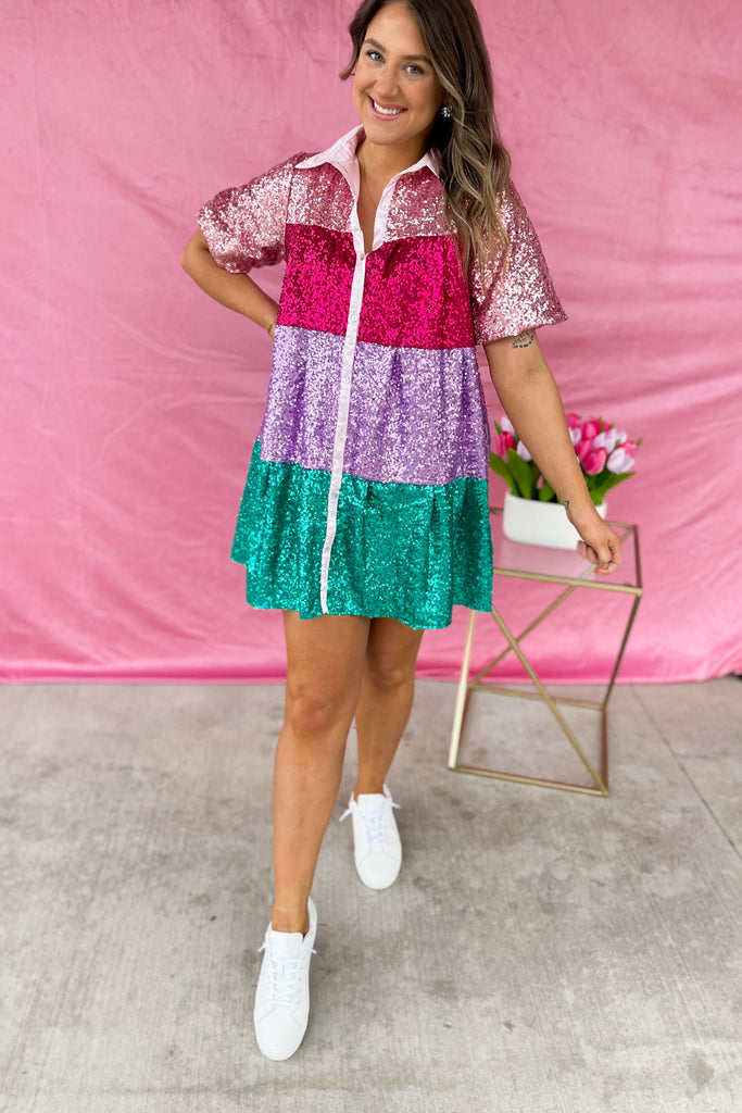 Sylvia Collared Color Block Sequins Tiered Shirt Dress - Be You Boutique