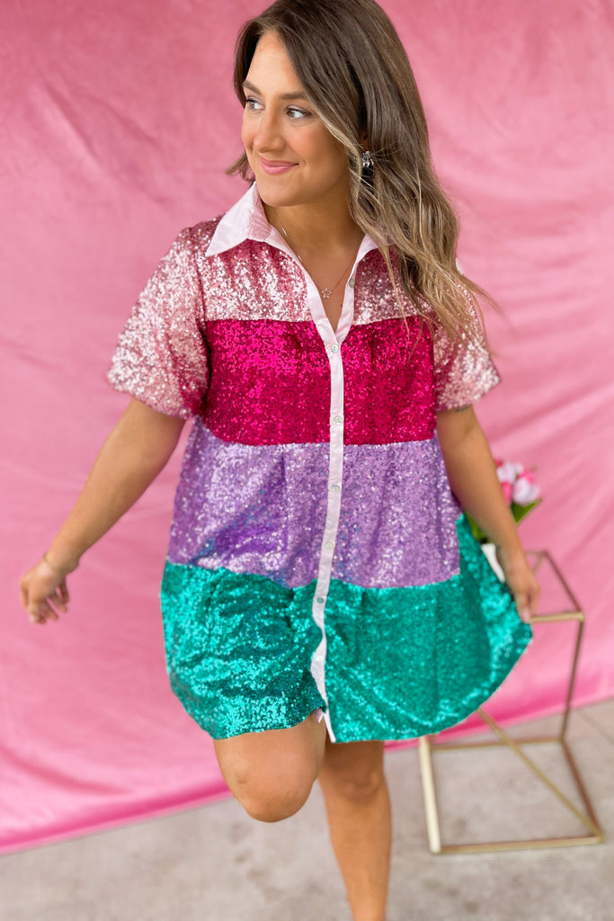 Sylvia Collared Color Block Sequins Tiered Shirt Dress - Be You Boutique
