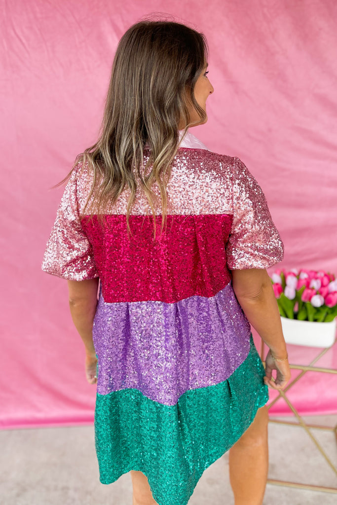 Sylvia Collared Color Block Sequins Tiered Shirt Dress - Be You Boutique