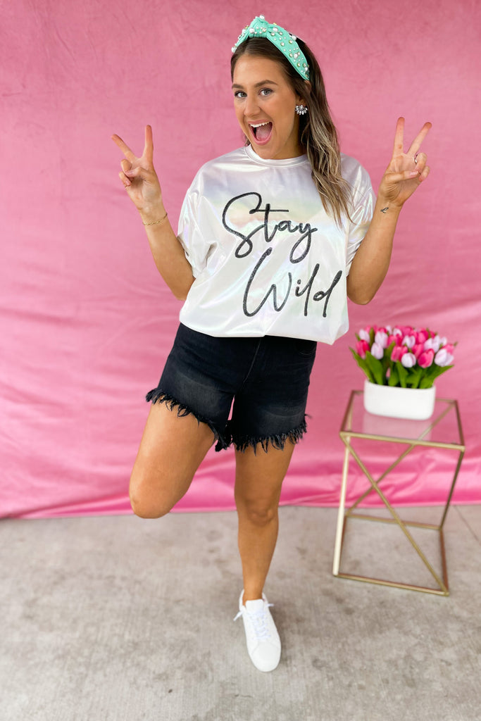 Stay Wild Iridescent Short Sleeve Sequin Hologram Top - Be You Boutique