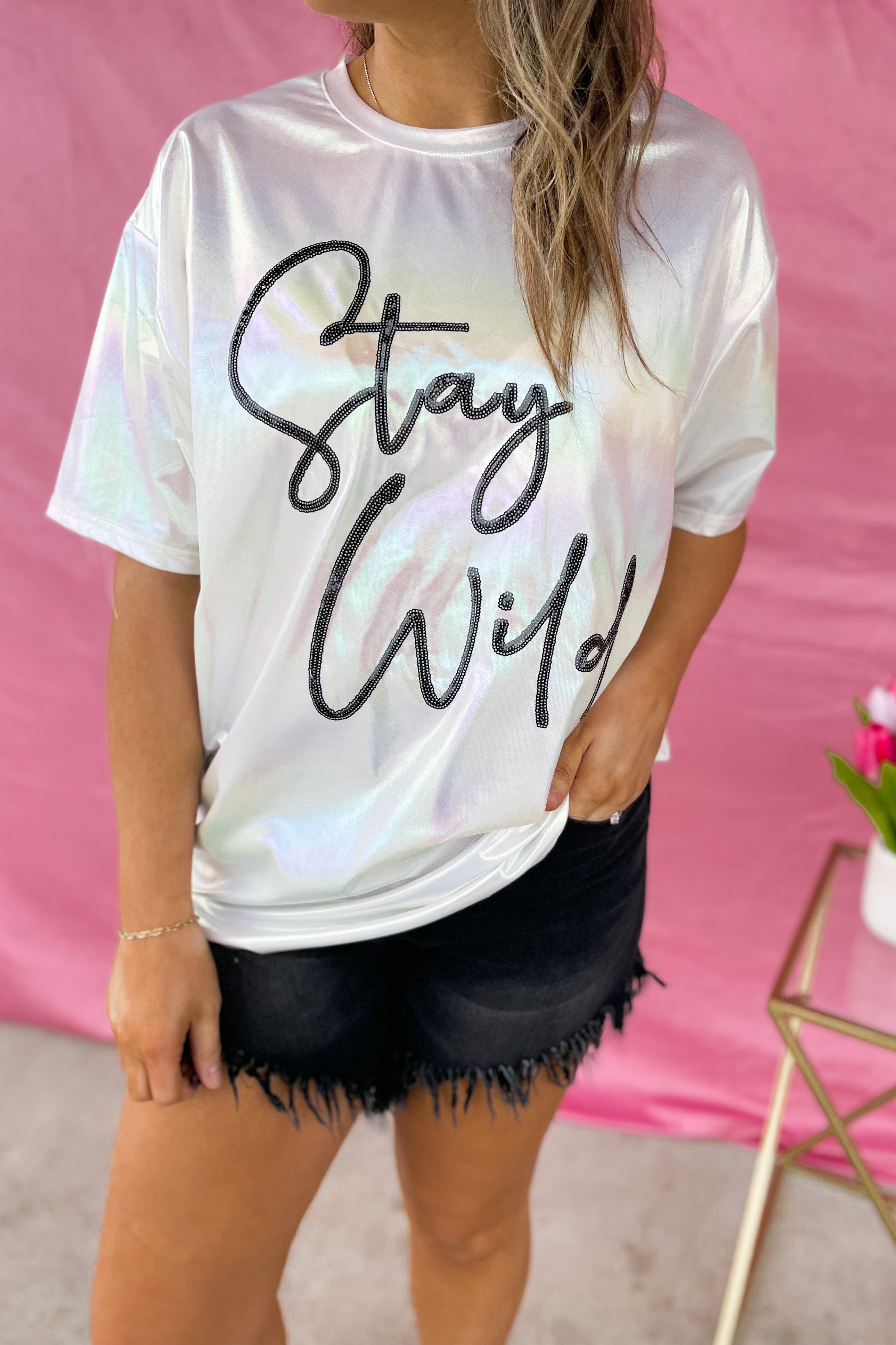 Stay Wild Iridescent Short Sleeve Sequin Hologram Top - Be You Boutique