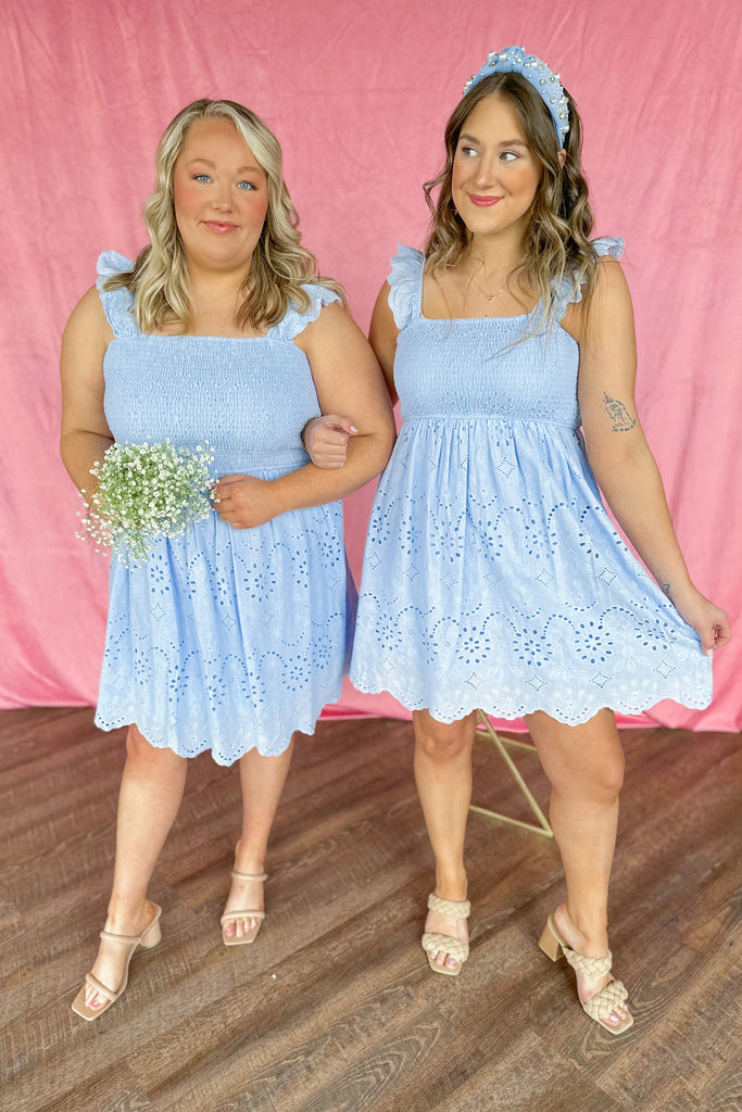 Regina Blue Eyelet Scallop Hem Summer Dress - Be You Boutique