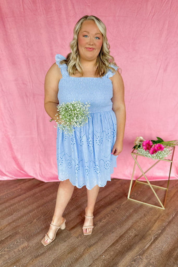 Regina Blue Eyelet Scallop Hem Summer Dress - Be You Boutique