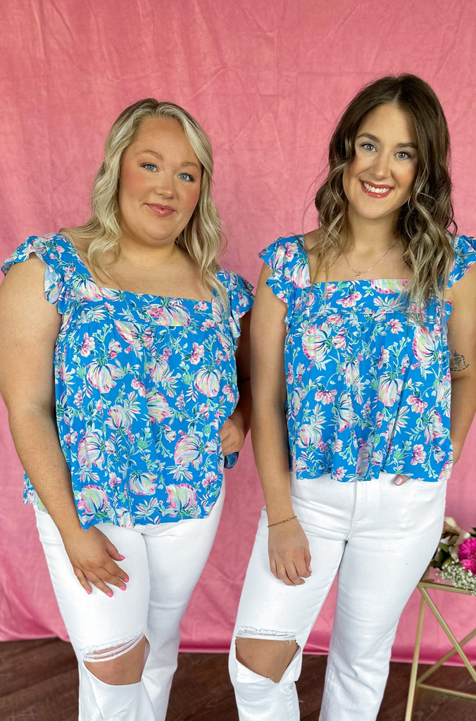 Bella Cobalt Blue Floral Flutter Sleeve Top - Be You Boutique