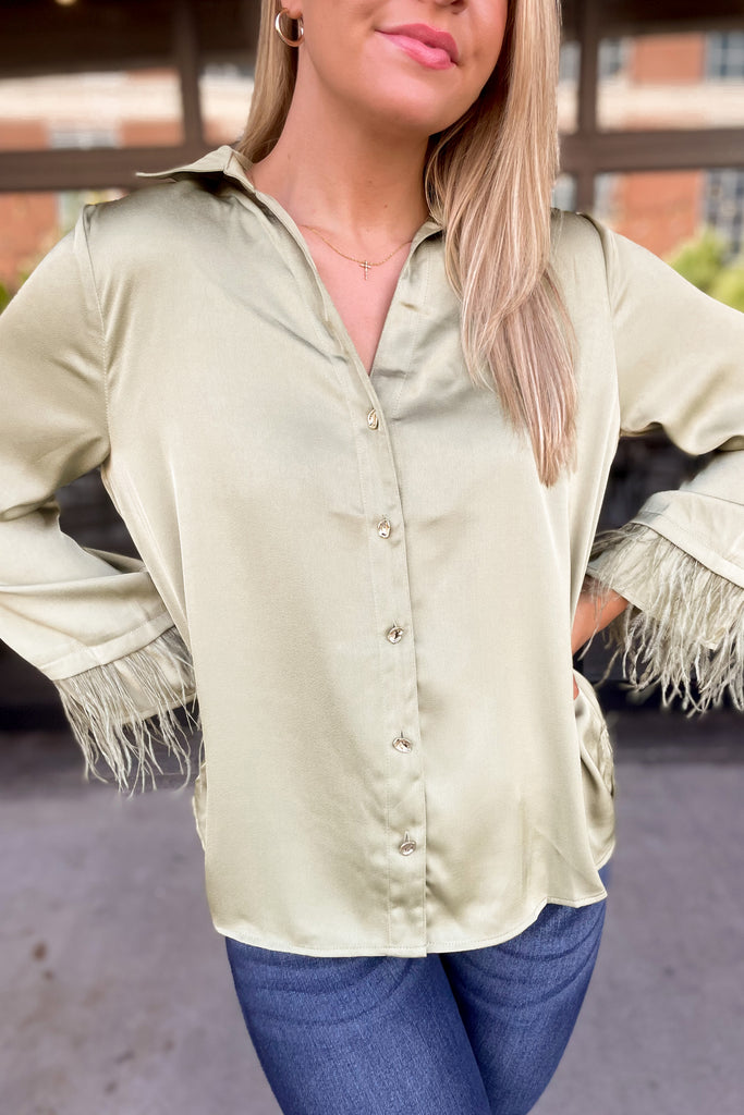 Brenda Satin Button Up Top with Feather Trim - Be You Boutique