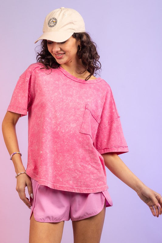 Clara Short Sleeve Washed Knit Pocket Tee - Be You Boutique
