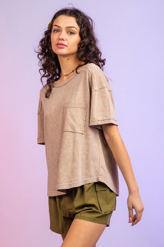 Clara Short Sleeve Washed Knit Pocket Tee - Be You Boutique