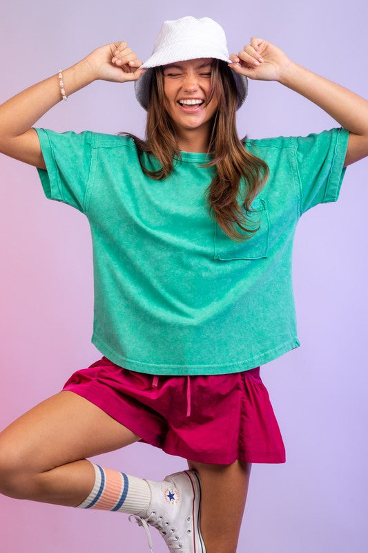 Clara Short Sleeve Washed Knit Pocket Tee - Be You Boutique