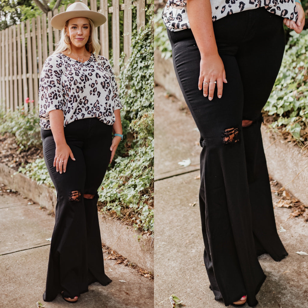 Vibrant Miu Juniper Distressed Flare Denim Jeans ~ Black - ShopBeYouBoutique