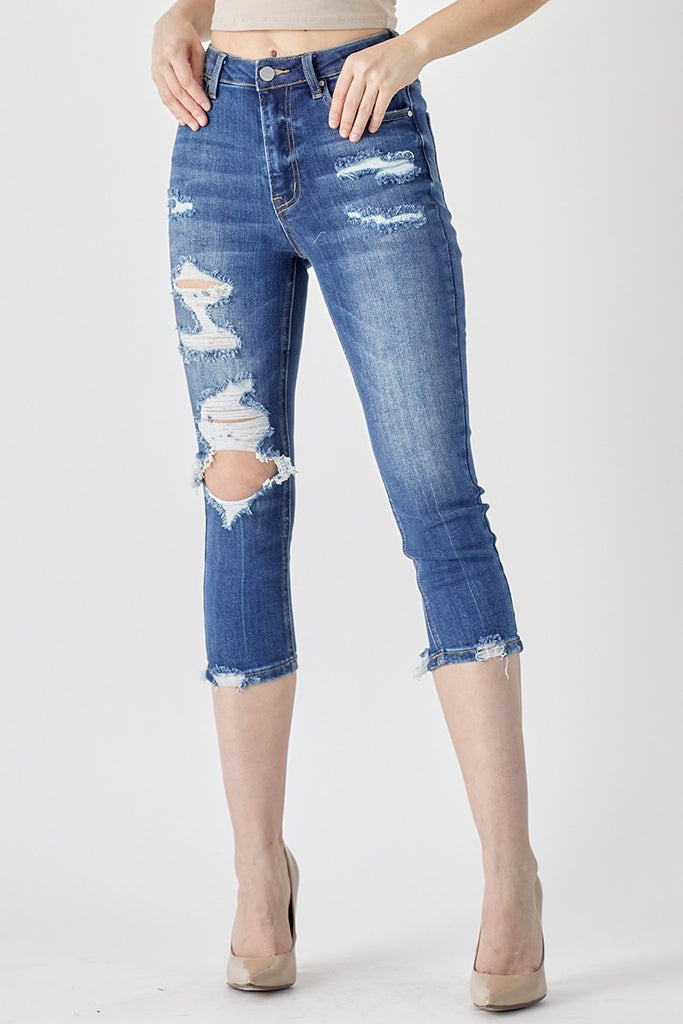 Risen Dawn High Rise Distressed Denim Jean Capri - Be You Boutique